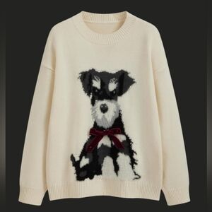 Cider Cream Crewneck Sweater with Black & Gray Dog Motif and Burgundy Bow